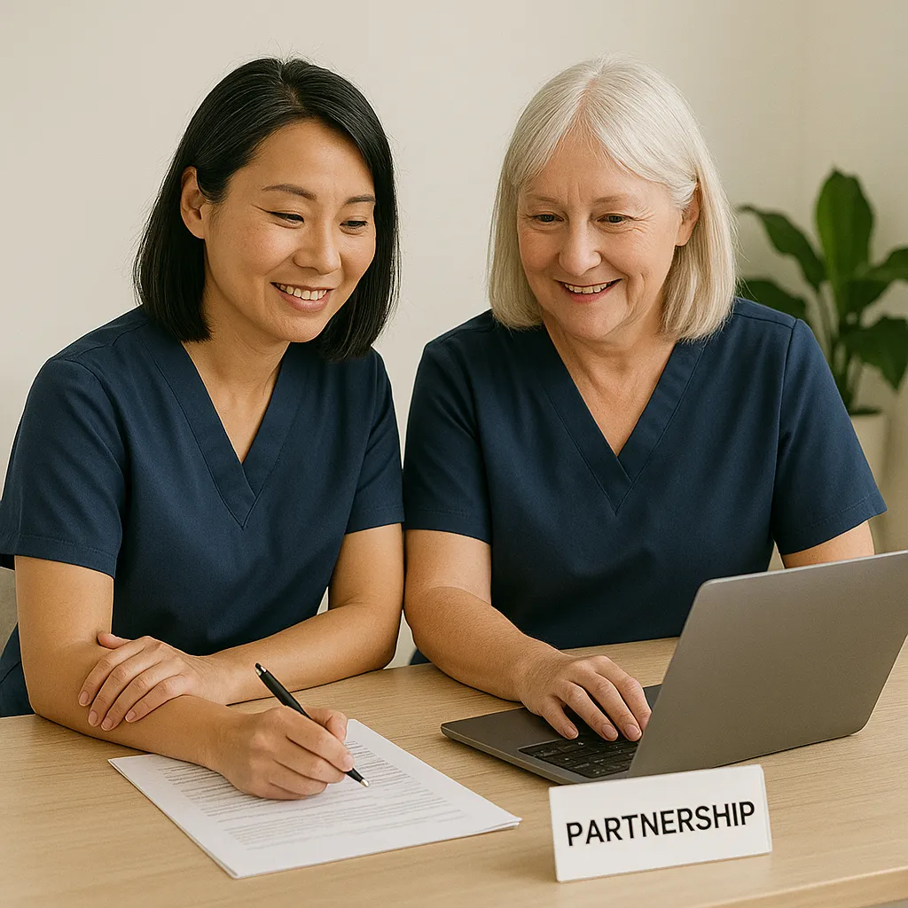 Two healthcare professionals in scrubs reviewing documents and using a laptop, representing a partnership business structure for health practice.