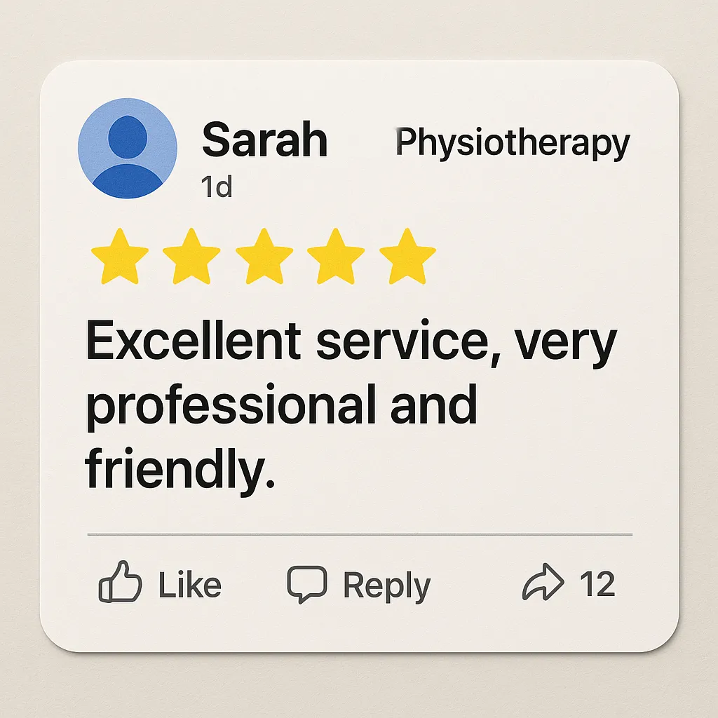 An online facebook style 5 review of a physiotherapy service, giving 5 stars.