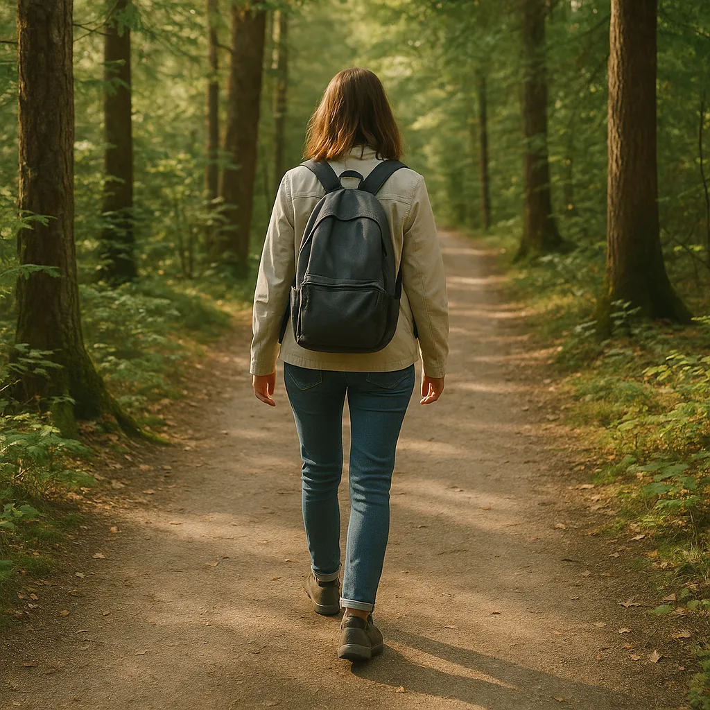 Rear view of a person out walking a trail in the forest. Ignoring daily self-care is 1 of 10 mistakes to avoid when starting your solo health practice.