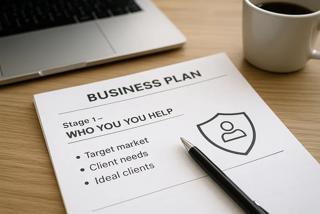 A simple business plan document on a modern wooden desk. The document is open on a section titled 'Stage 1 - Who You Help.'