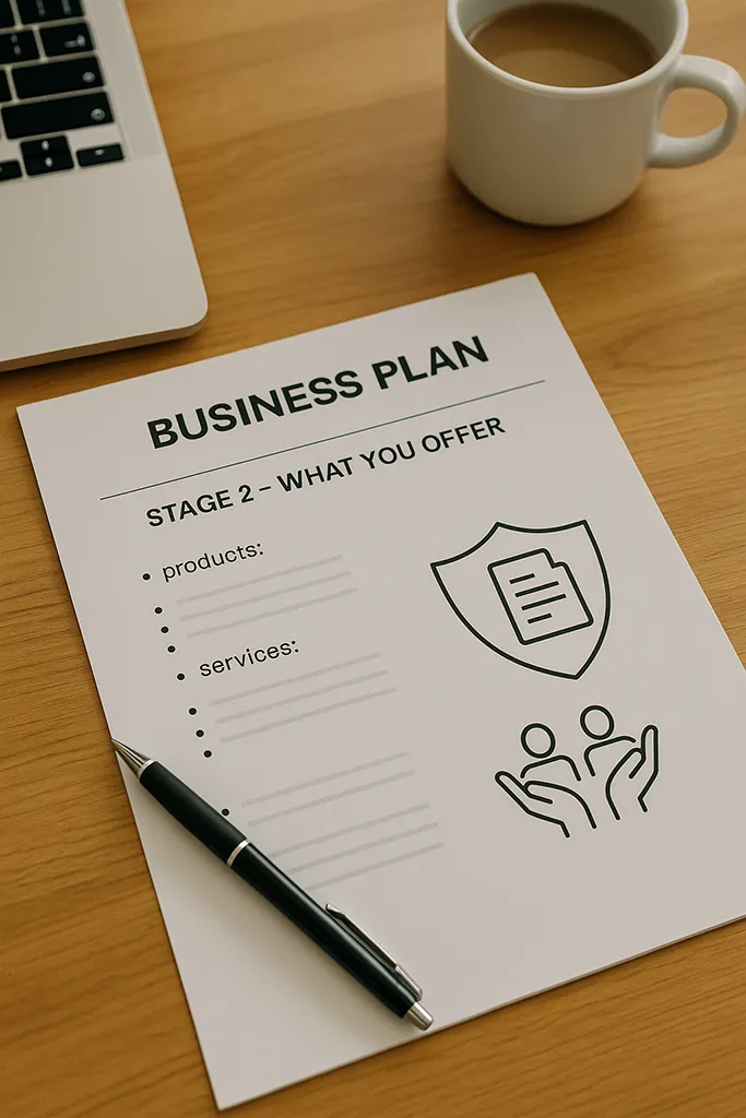 A simple business plan document on a modern wooden desk. The document is open on a section titled 'Stage 2 - What You Offer.'