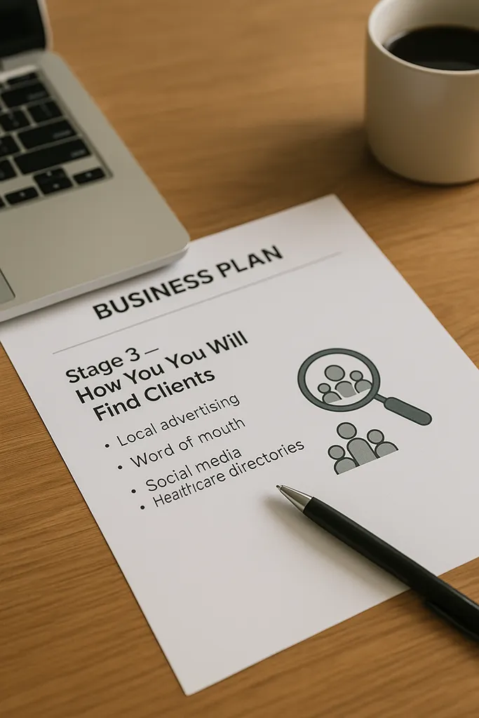 A simple business plan document on a modern wooden desk. The document is open on a section titled 'Stage 3 - How You Will Find Clients.'