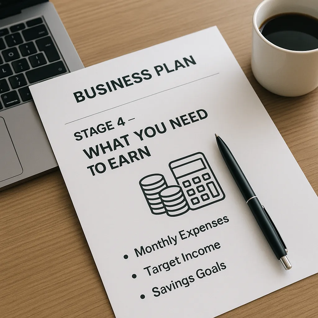 A simple business plan document on a modern wooden desk. The document is open on a section titled 'Stage 4 - What You Need to Earn.'