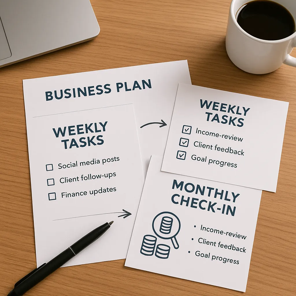A business plan document on a desk, next to two additional sheets: one titled 'Weekly Tasks' and another titled 'Monthly Check-In'.