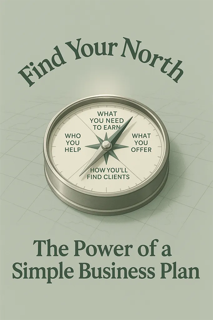 Compass with four labeled bearings: “Who You Help,” “What You Offer,” “How You’ll Find Clients,” “What You Need to Earn”. Bold text says: “Find Your North: The Power of a Simple Business Plan”