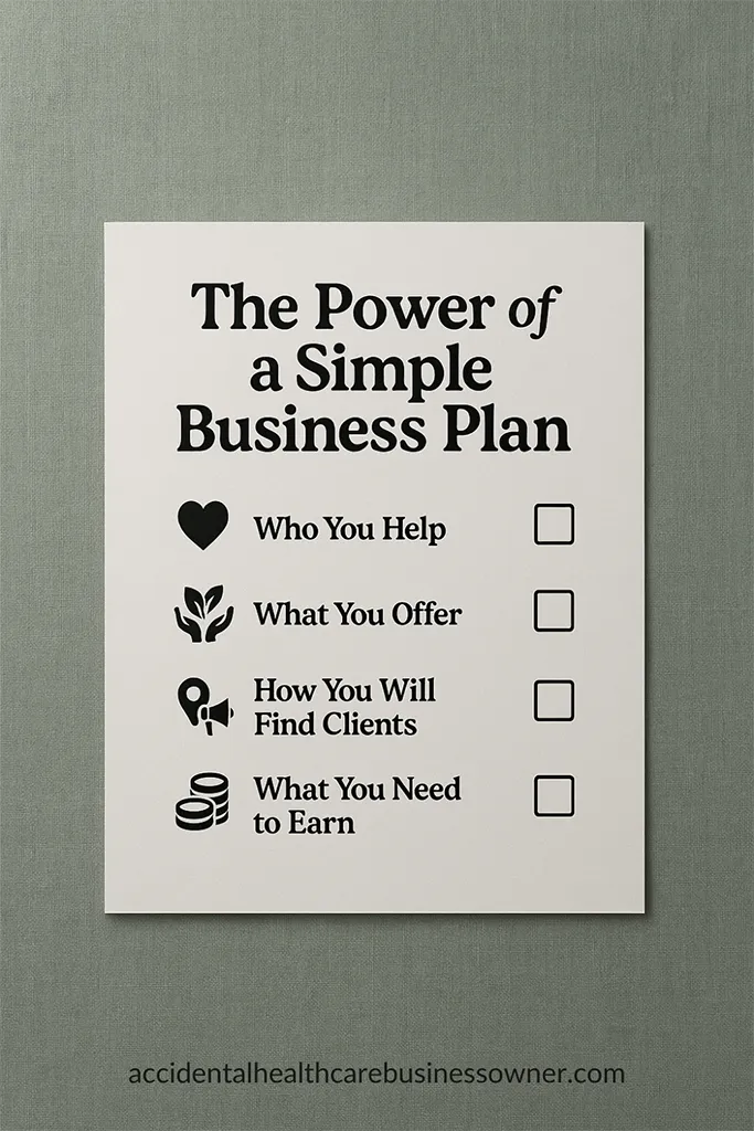 Single sheet with four neat checklist lines and icons (heart = Who You Help, hands/leaf = What You Offer, location pin with megaphone = How You Will Find Clients, coin stack = What You Need to Earn. Bold text says: “The Power of a Simple Business Plan”