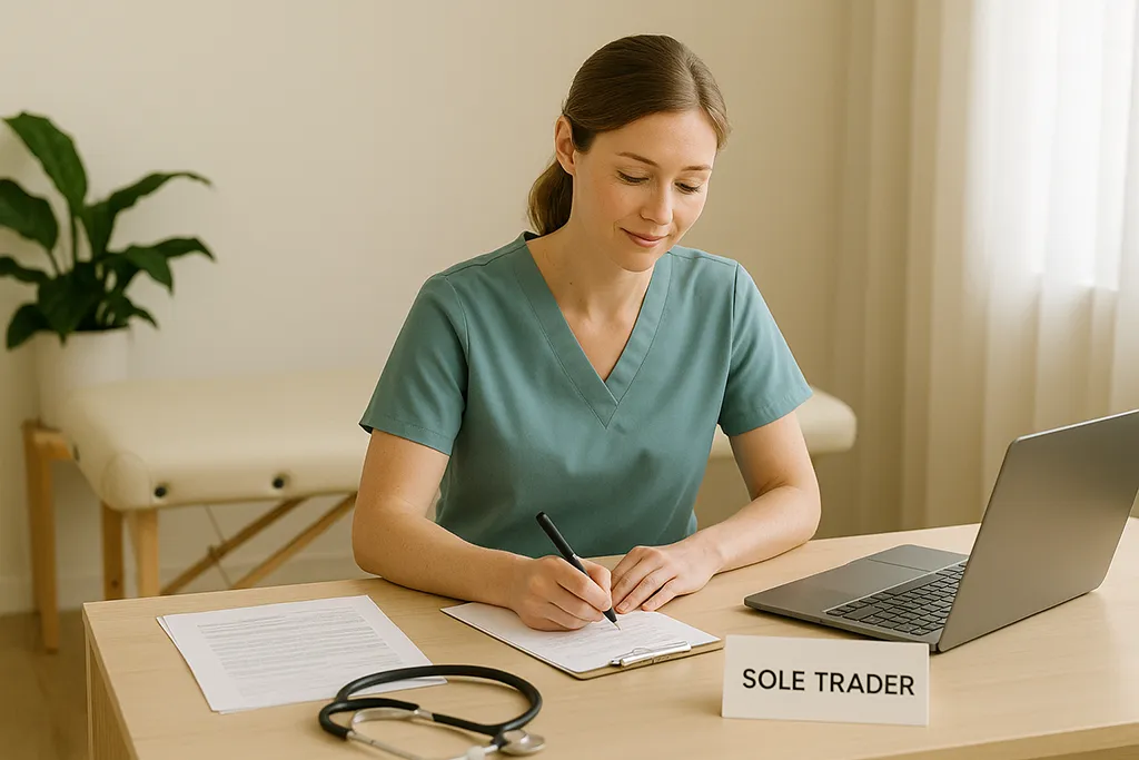 Healthcare professional in scrubs working at a desk with a laptop and paperwork, representing a sole trader business structure for a solo healthcare practice.