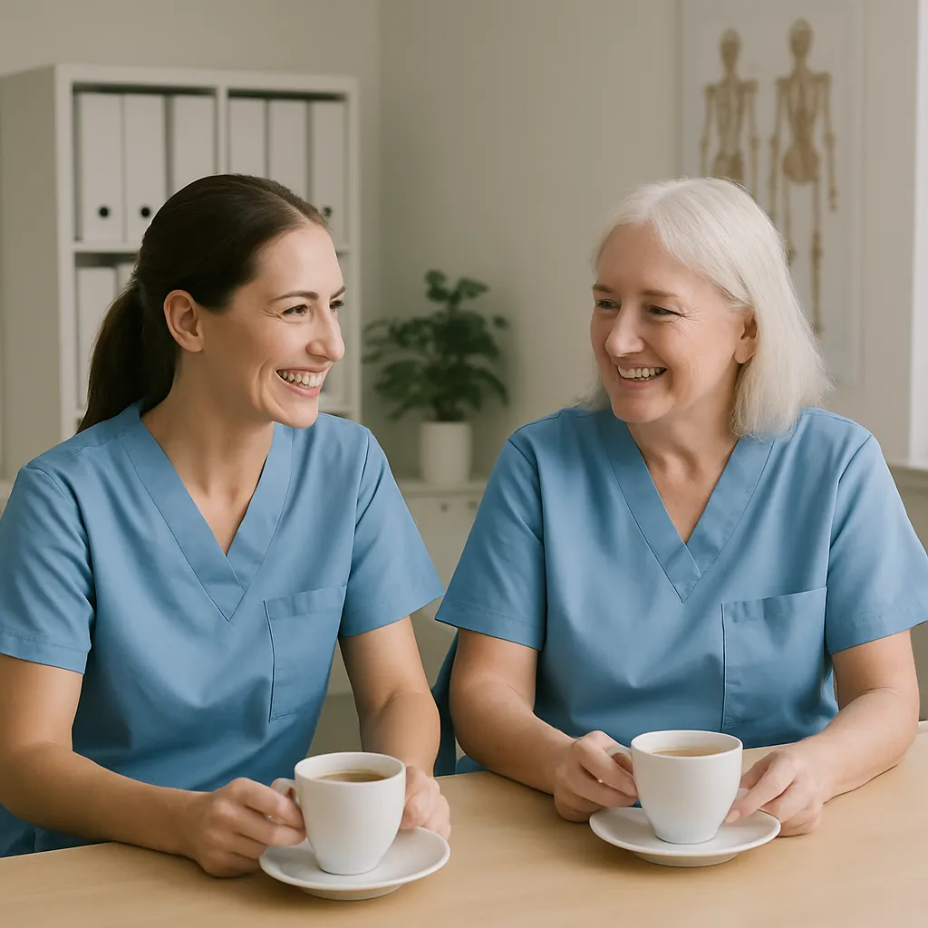 Two clinicians sat having a cup of coffee in a clinical office.