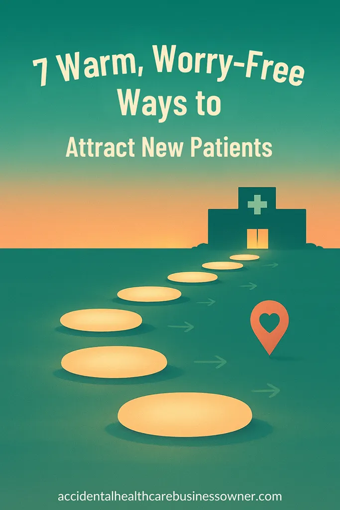 Seven gently glowing stepping stones forming an inviting path toward a minimalist building silhouette with a medical cross sign. A heart-shaped location pin. Bold text says: 7 Warm, Worry-Free Ways to Attract New Patients