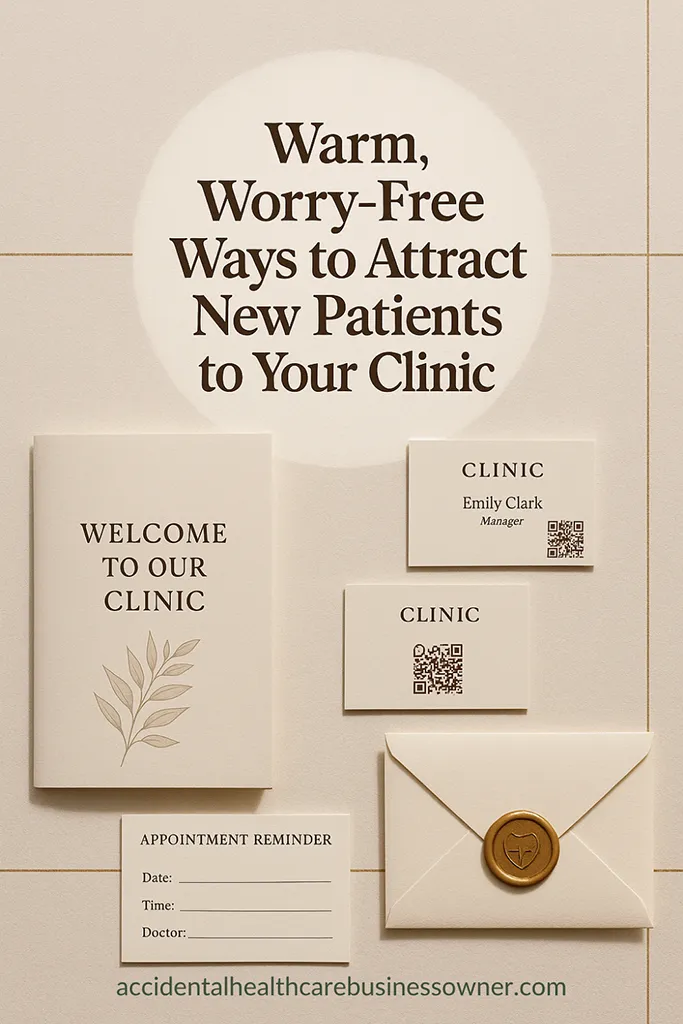 Flat-lay “clinic welcome kit”—elegant brochure, business cards with QR code, branded appointment reminder, small envelope with wax seal. Bold text says: Warm, Worry-Free Ways to Attract New Patients to Your Clinic