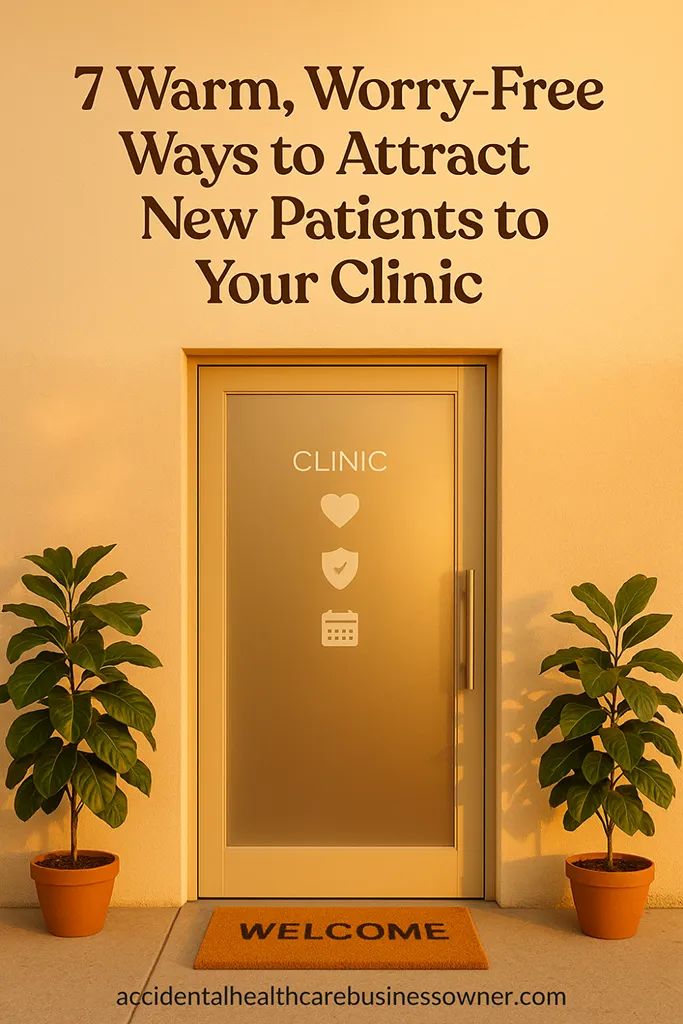 Golden-hour clinic entry with frosted glass door, with a clean "welcome" doormat, two leafy plants flanking the doorway, subtle icons on the door (heart, shield, calendar). Bold text says: 7 Warm, Worry-Free Ways to Attract New Patients to Your Clinic
