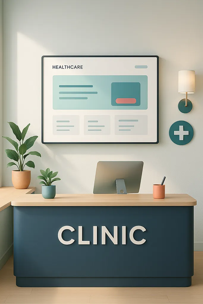 A modern, photorealistic illustration of a welcoming healthcare clinic front desk. A large wall-mounted digital screen shows a clean and simple clinic homepage.