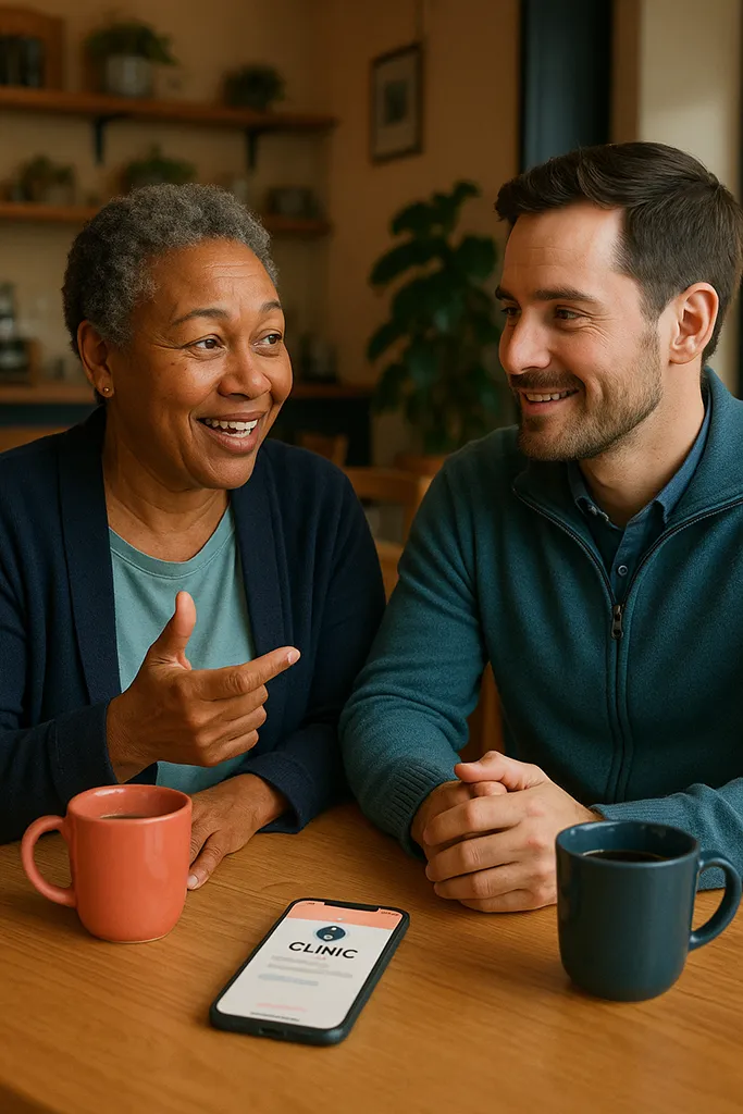 Two people in a friendly, natural conversation at a cozy café. One person is recommending or sharing something positive with the other, while a smartphone rests on the table showing a clinic logo.
