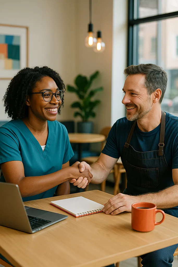 Two small business owners warmly shaking hands across a table in a local coffee shop. One has a healthcare-professional vibe, the other represents a local business partner (e.g., café owner).