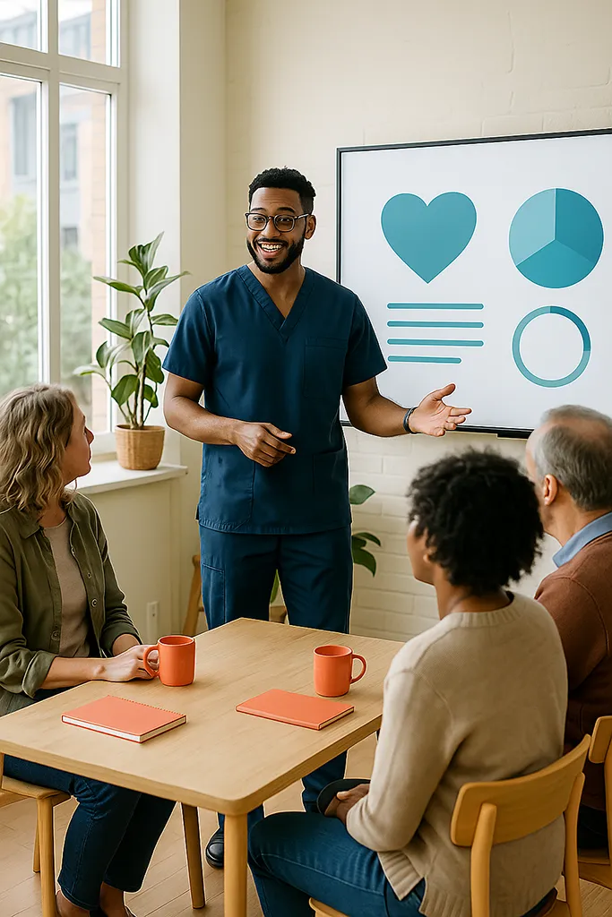 A healthcare professional giving a small, friendly workshop in a bright community space. They’re speaking in front of a small group of attentive adults, using a large screen.