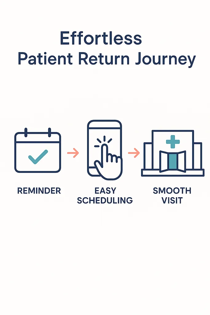 A clean infographic illustrating an effortless patient return journey. Three simple steps shown left to right: Reminder (calendar icon with a checkmark), Easy Scheduling (smartphone icon with a tap gesture), Smooth Visit (clinic building with open doors).
