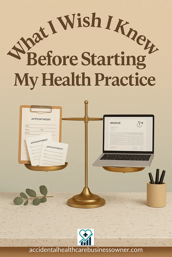 Balance scale on a terrazzo counter - one side holds a clipboard and appointment cards, the other a laptop. Big bold text says: “What I Wish I Knew Before Starting My Health Practice”