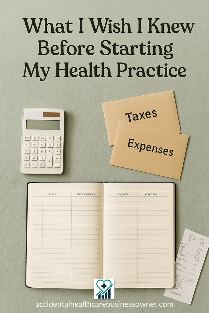 Open notebook with tidy columns, calculator, labeled envelopes for “Taxes,” “Expenses,” on a sage linen backdrop. Big bold text says: “What I Wish I Knew Before Starting My Health Practice”
