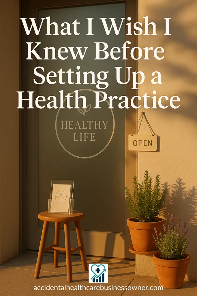 Frosted-glass door with tasteful logo decal, brochure holder on a small wood stool, potted rosemary and lavender, and a discreet “Open” sign. Big bold text says: “What I Wish I Knew Before Setting Up a Health Practice”.