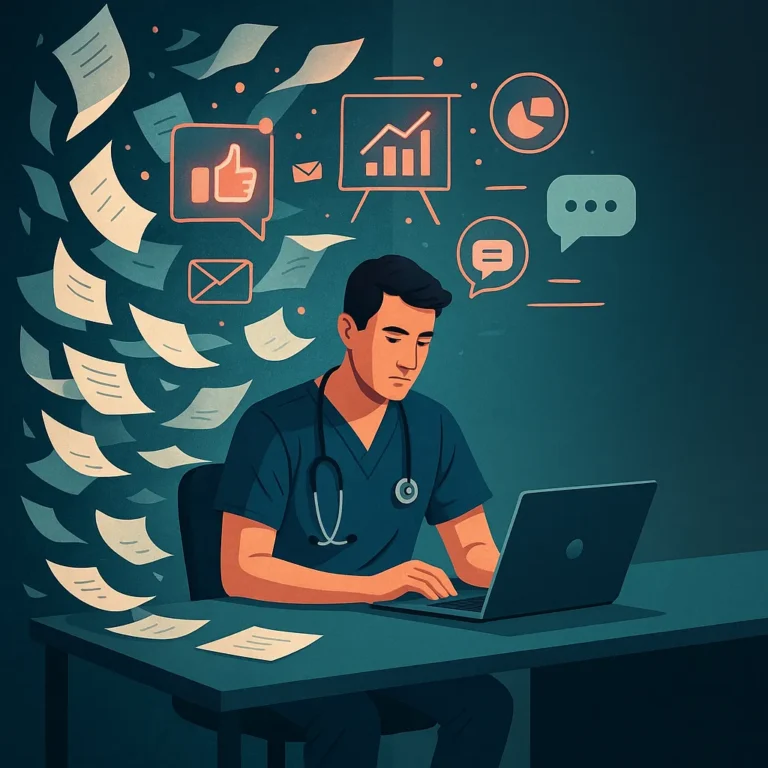 Illustration showing a solo healthcare provider at a desk, surrounded by swirling papers and glowing digital icons representing marketing chaos.