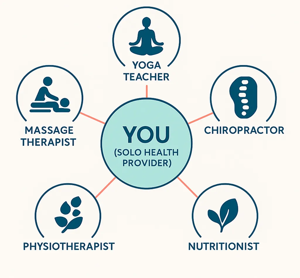Infographic with central node labeled “You (Solo Health Provider),” surrounded by five connected circles representing partner types: “Chiropractor,” “Yoga Teacher,” “Massage Therapist,” “Nutritionist,” and “Physiotherapist.”