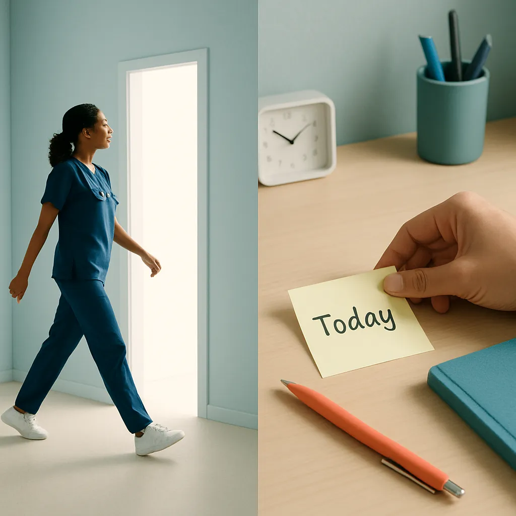 A split scene showing a solo healthcare provider taking one confident step forward. The other half shows placing one sticky note labeled “Today” on a calm, organized workspace. Signaling how to build a client base as a solo health provider.