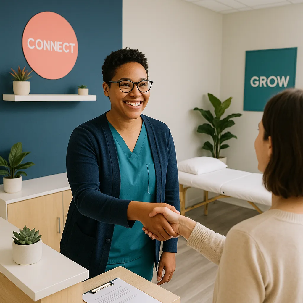 A bright healthcare office with a solo practitioner welcoming a client.