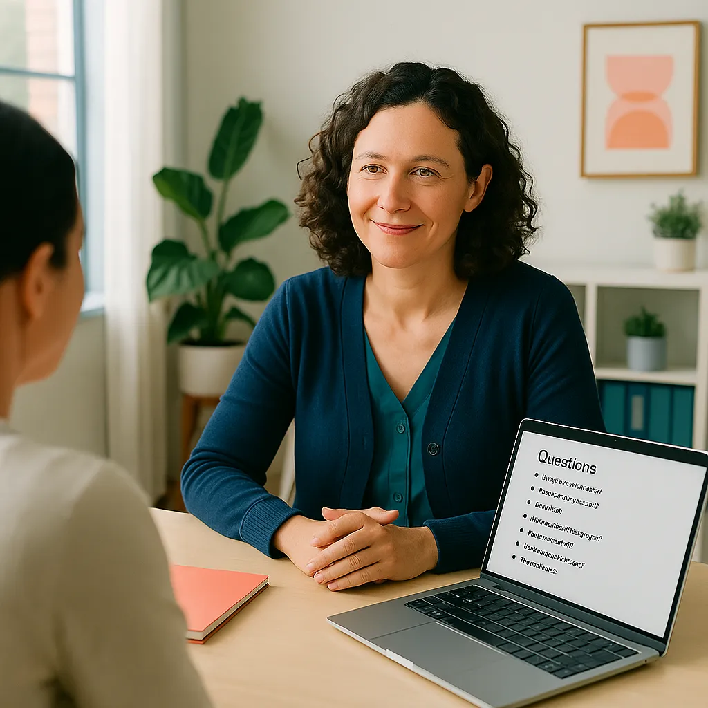A solo practitioner talking with a client and looking at a laptop screen with a list of questions visible.