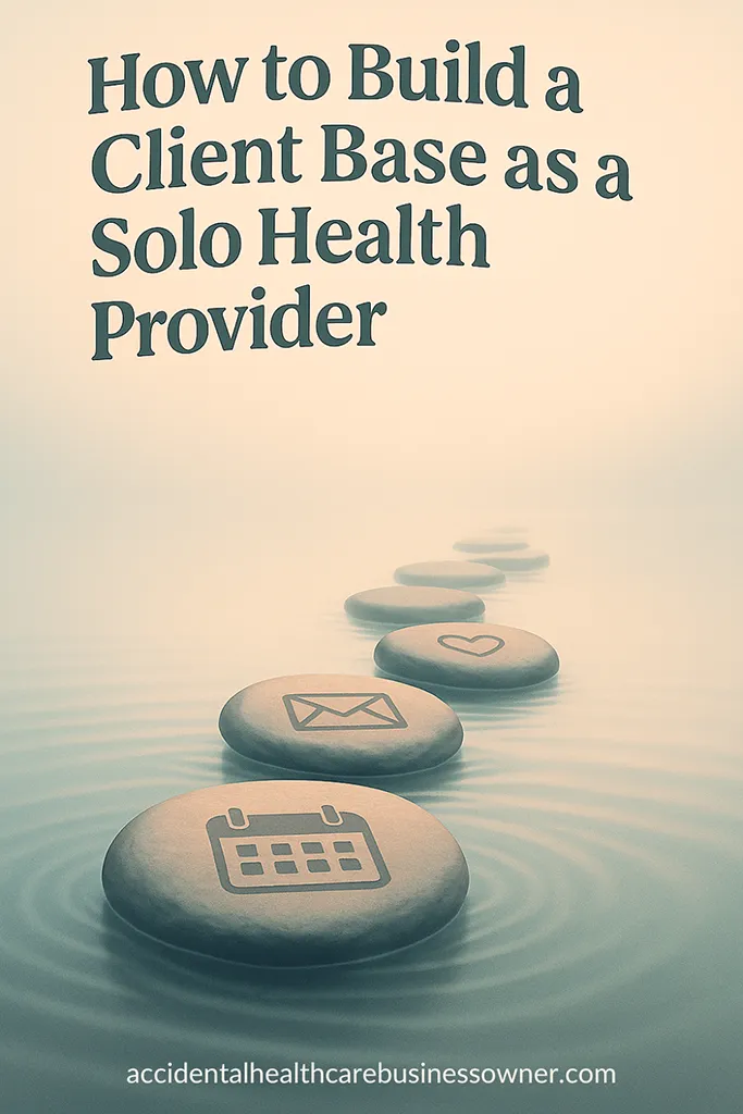 A calm path of stepping stones across water; each stone etched with icons—calendar, envelope, heart. Bold text says: How to Build a Client Base as a Solo Health Provider.