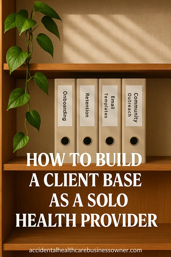 A clean bookshelf of labeled binders—“Onboarding,” “Retention,” “Email Templates,” “Community Outreach”. Bold text says: How to Build a Client Base as a Solo Health Provider.