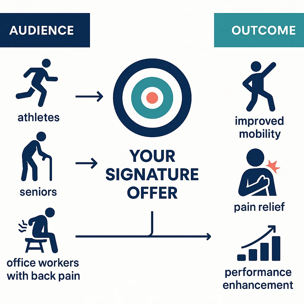 Infographic: Center: target icon labeled “Your Signature Offer.” Left side: icons of specific audiences (athletes, seniors, office workers with back pain) leading toward the center. Right side: icons of outcomes (improved mobility, pain relief, performance enhancement).