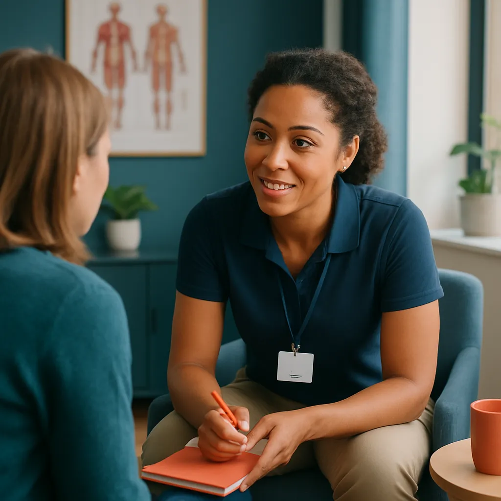 A warm, modern healthcare setting with a physical therapist or wellness practitioner sitting across from a client in a calm, softly lit space. The practitioner is leaning forward slightly, speaking kindly, showing empathy and calm confidence.