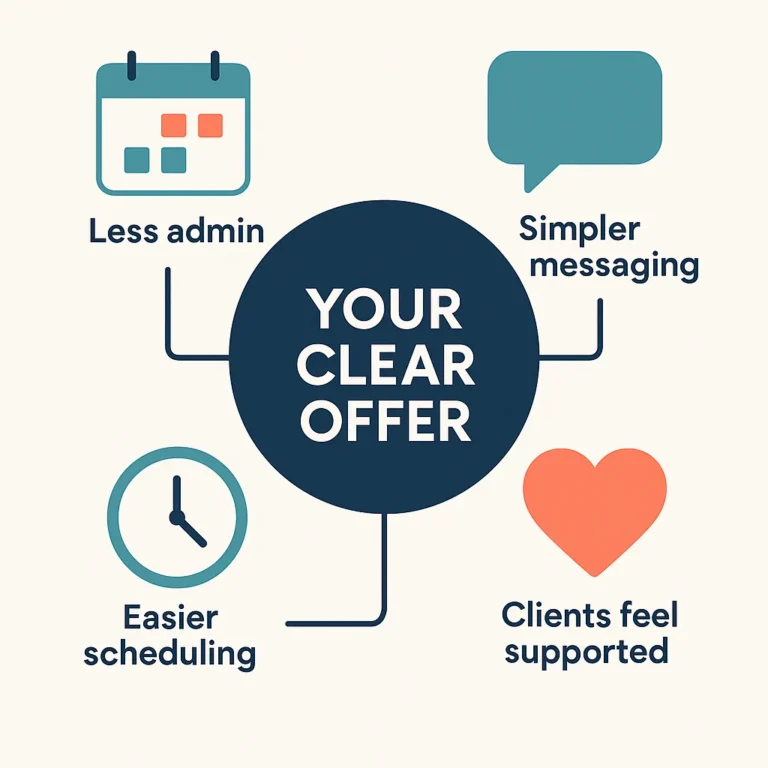 infographic with central “Your Clear Offer.” Around ir are supporting text bubbles or icons saying: “Less admin” (calendar icon), “Simpler messaging” (speech bubble), “Easier scheduling” (clock icon), “Clients feel supported” (heart icon).