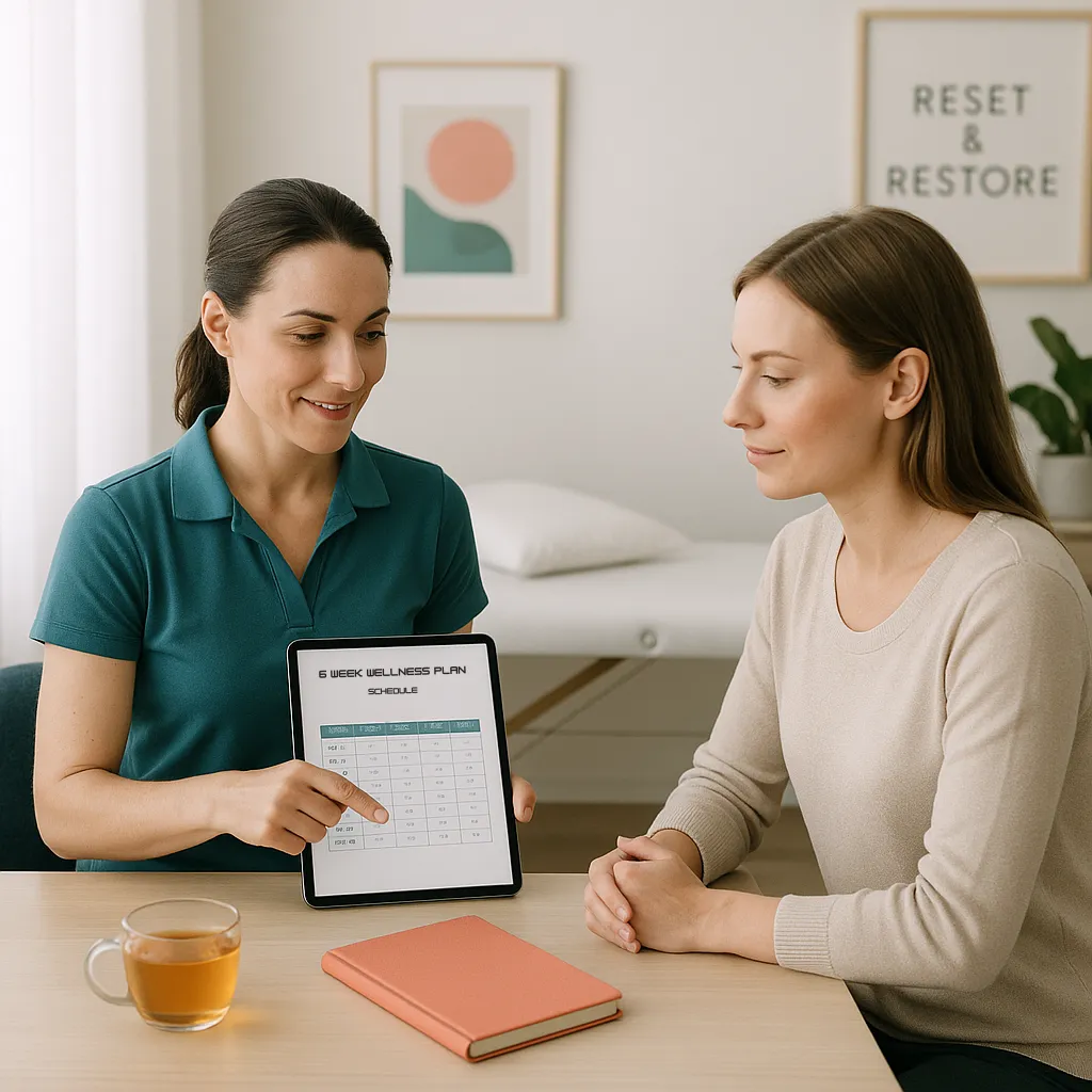 A serene, modern healthcare setting featuring a female physical therapist or wellness practitioner reviewing a six-week wellness plan with a woman client. Both appear confident and relaxed.