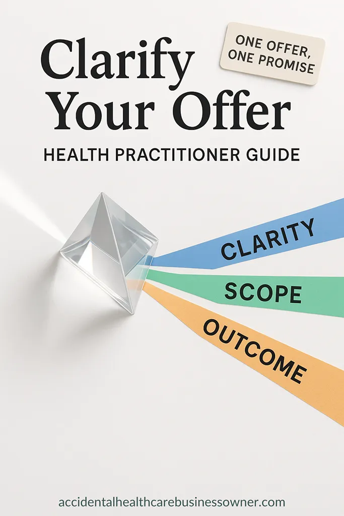 A crystal prism on a white surface splitting one beam into three labeled color bands (Clarity, Scope, Outcome); nearby tag reads “One Offer, One Promise”; Bold text says: Clarify Your Offer: Health Practitioner Guide