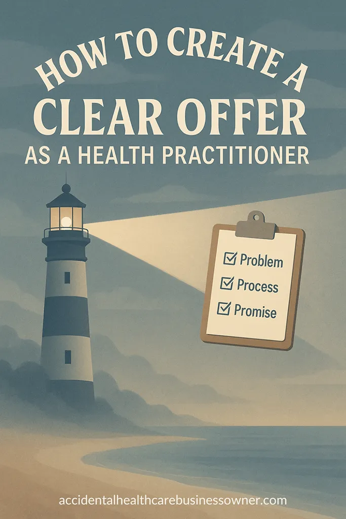 A lighthouse on a misty shoreline casting one crisp beam onto a single floating clipboard checklist (Problem • Process • Promise). Bold text says: How to Create a Clear Offer as a Health Practitioner