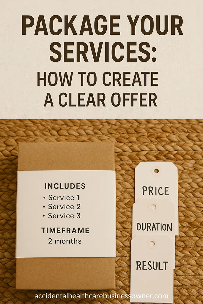 A neatly wrapped kraft box with a clean belly-band label listing inclusions and timeframe; beside it, three minimalist tags (Price, Duration, Result) arranged like a tidy stack. Bold text says: Package Your Services: How to Create a Clear Offer