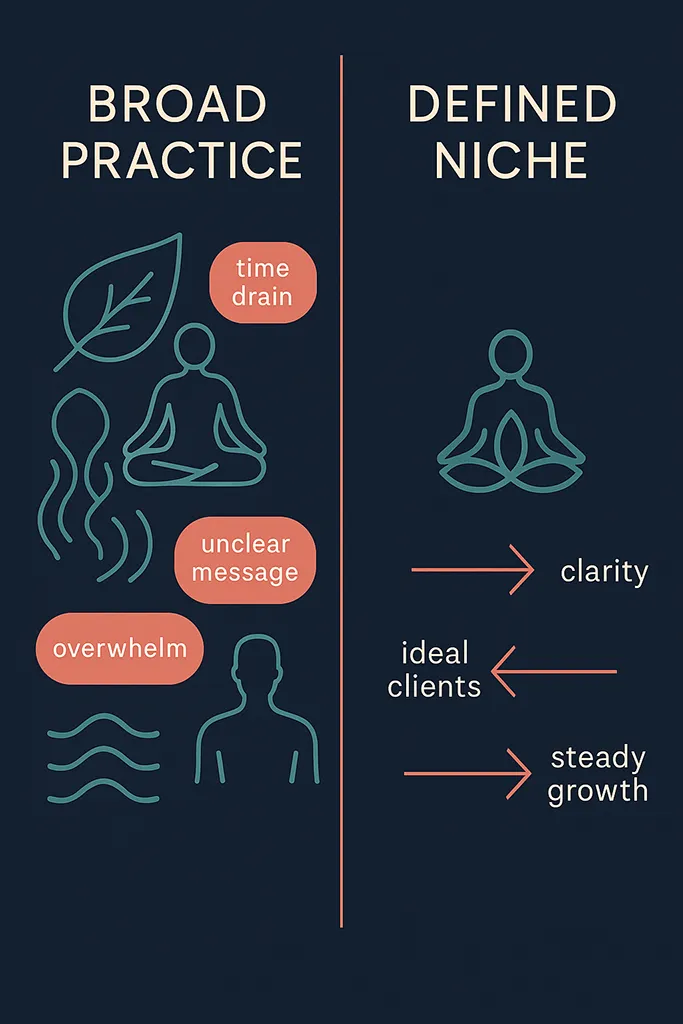 Infographic showing two contrasting sides. Left side: “Broad Practice” — icons of multiple services with text bubbles of “time drain,” “unclear message,” and “overwhelm.” Right side: “Defined Niche” — a clear streamlined flow with one focused icon and benefits labeled “clarity,” “ideal clients,” “steady growth.”