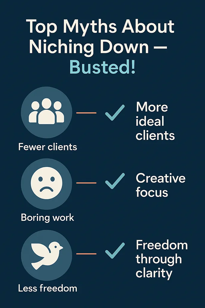 Define your niche infographic titled “Top Myths About Niching Down — Busted!” Left column: myth icons inside faded bubbles (“fewer clients,” “boring work,” “less freedom”). Right column: corresponding truths with bold teal check marks and short empowering phrases (“More ideal clients,” “Creative focus,” “Freedom through clarity”).