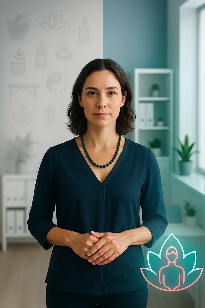A holistic practitioner standing in a bright, modern office — behind them, the scene shows blurred faint icons (representing confusion), in front, a single clear and sharply defined symbol.