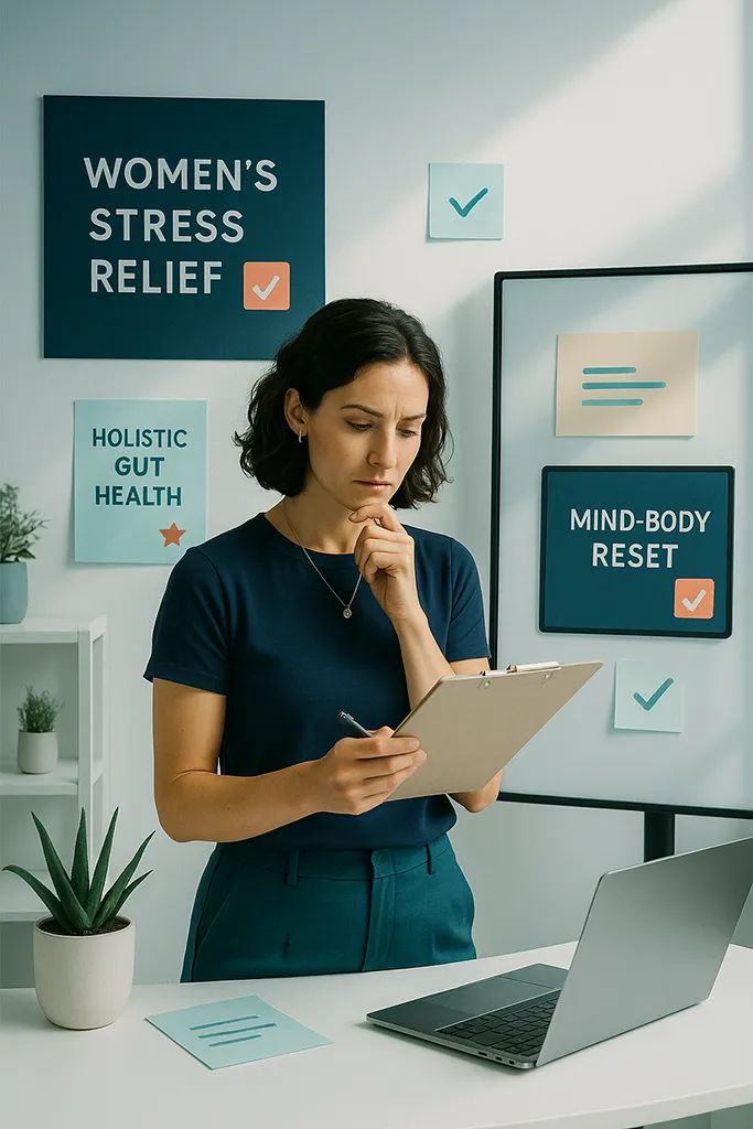 A modern holistic practitioner testing ideas quickly — digital screens and posters labeled with short niche ideas (“Women’s Stress Relief,” “Holistic Gut Health,” “Mind-Body Reset”) while the practitioner thoughtfully reviews results.