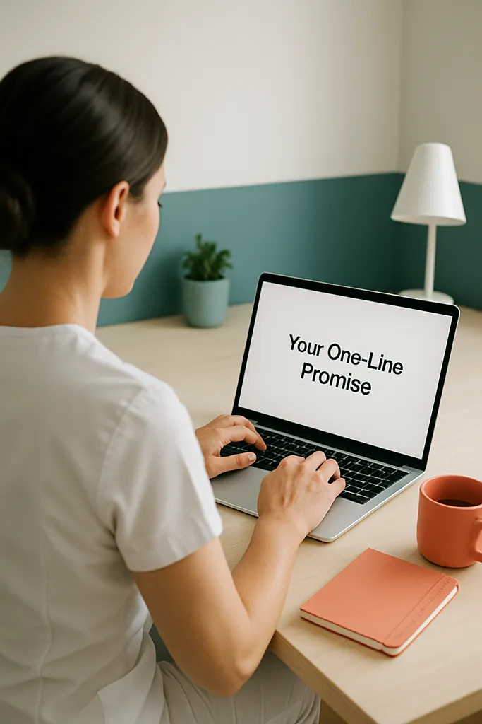 A modern, minimalist photo of a holistic practitioner sitting at a bright desk, typing on a laptop screen that reads “Your One-Line Promise.”