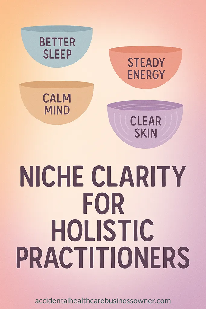 Abstract sound bowls, each labeled with a client outcome (Better Sleep, Steady Energy, Calm Mind, Clear Skin). Bold text says: Niche Clarity for Holistic Practitioners