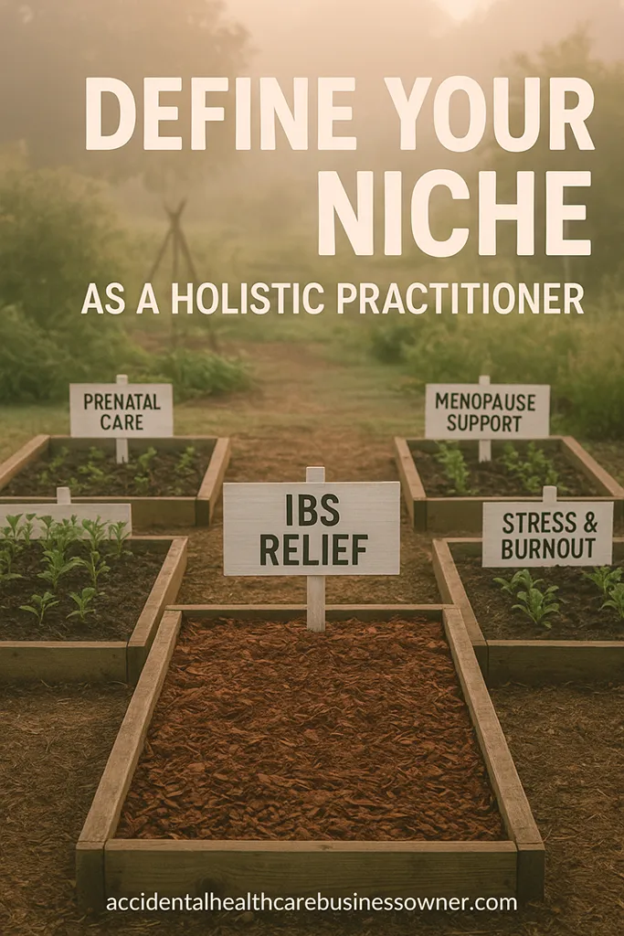 Garden beds shaped like tidy rectangles with marker stakes (Prenatal Care, Menopause Support, Stress & Burnout, IBS Relief). Bold text says: Define Your Niche as a Holistic Practitioner