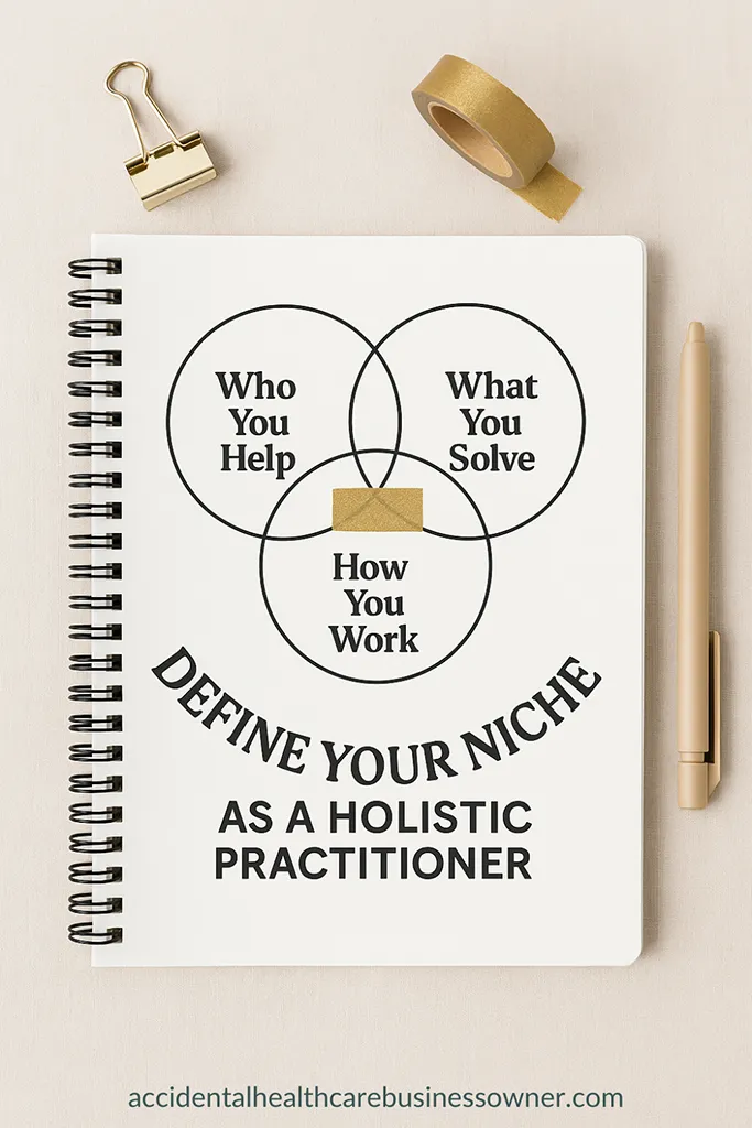 A clean white notebook open to a Venn diagram; circles titled “Who You Help,” “What You Solve,” “How You Work”. Bold text says: Define Your Niche as a Holistic Practitioner