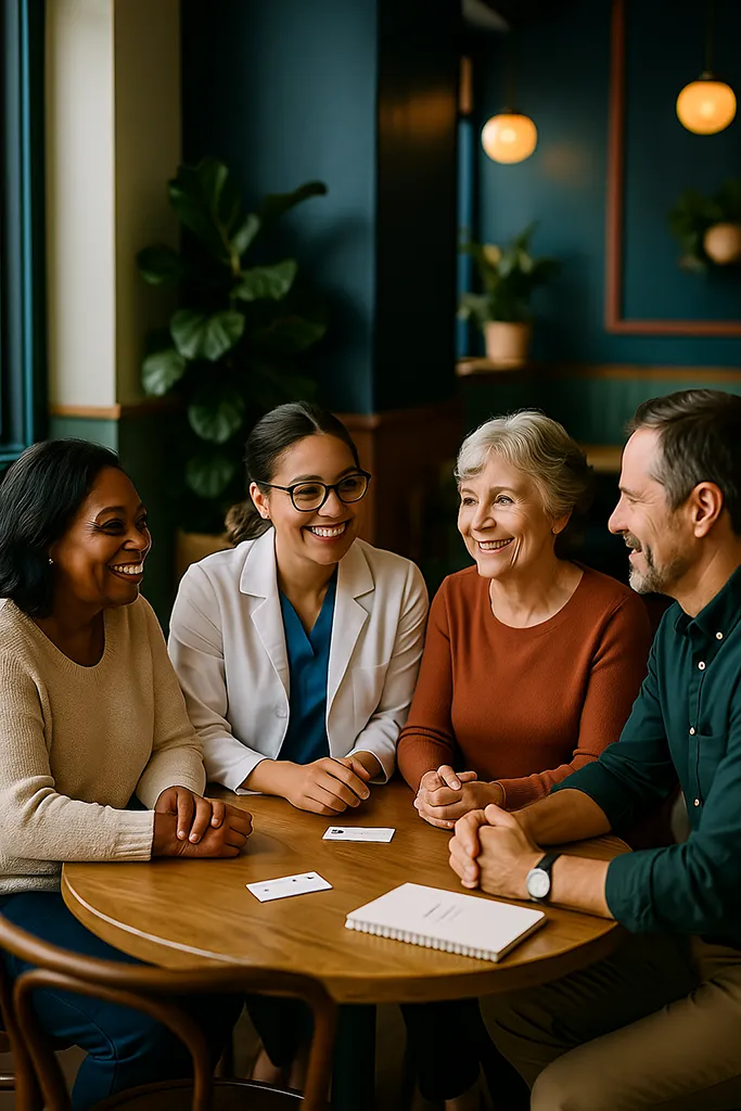 Small group of people chatting around a cozy café table, smiling and engaged in friendly conversation.