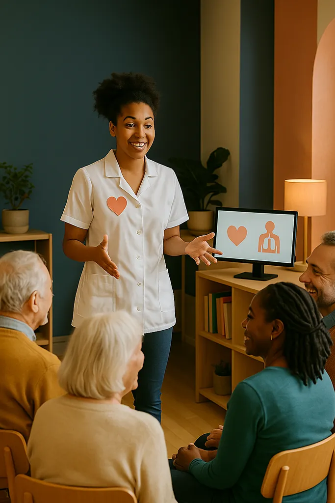 A healthcare professional confidently giving a talk to a small community group in a cozy, modern space. Audience members sit attentively, smiling and engaged.