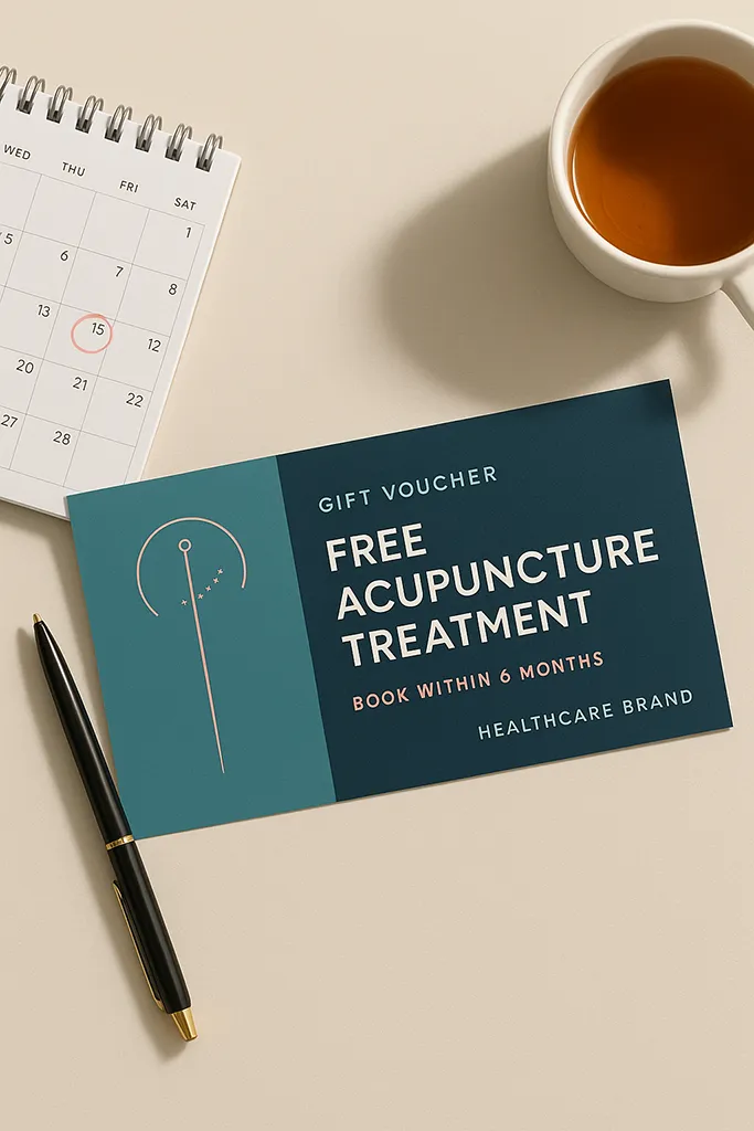 Flat-lay photo of an elegant gift voucher. The voucher features clear text “Free Acupuncture Treatment” and “Book within 6 months.”