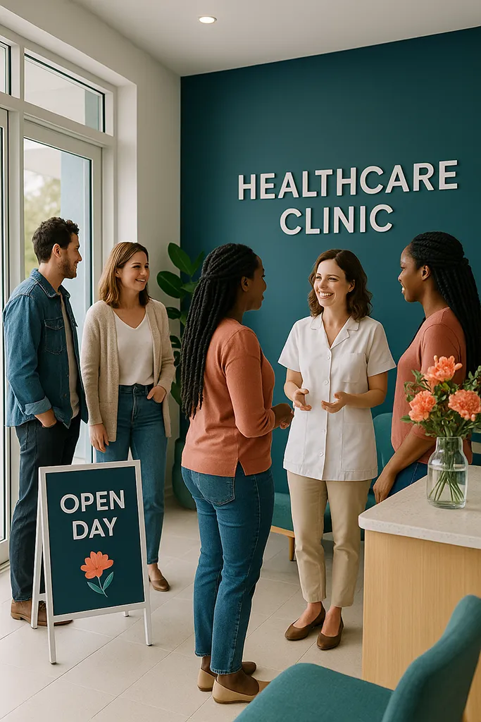 A bright, inviting photo of a modern healthcare clinic during an open day.