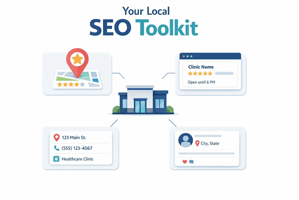 Local SEO toolkit illustration showing how a solo healthcare clinic is discovered through Google Maps, local search results, online directories, and social profiles.